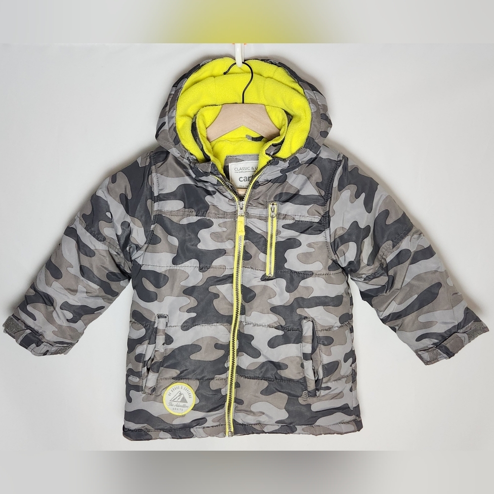 Carter's Kids Grey Camo Winter Jacket with Florescent Yellow Liner Size 4/5